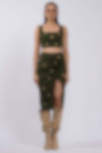 Olive Green Cotton Embellished Skirt Set by DRAMEBAAZ at Pernia's Pop Up Shop