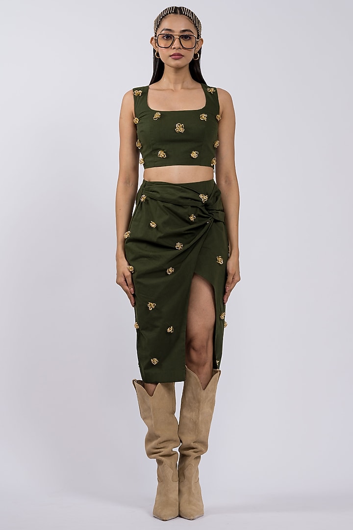 Olive Green Cotton Embellished Skirt Set by DRAMEBAAZ at Pernia's Pop Up Shop