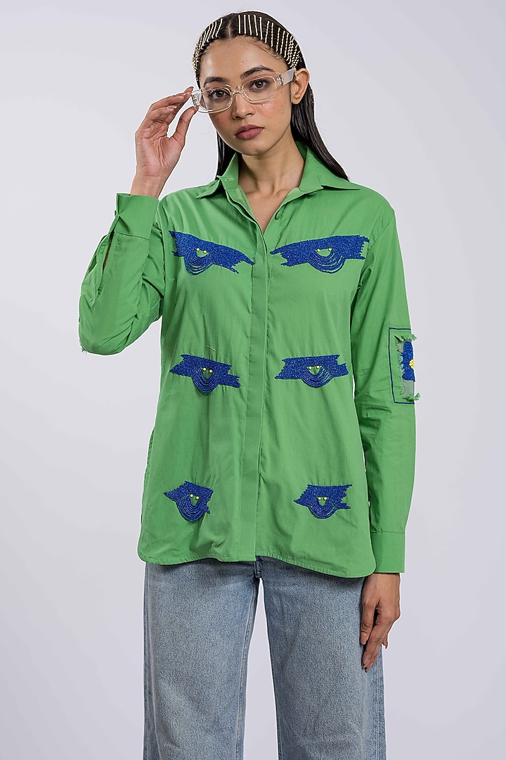Green Cotton Embellished Shirt by DRAMEBAAZ at Pernia's Pop Up Shop