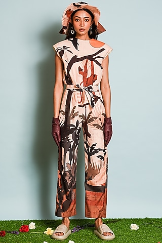 Brown Digital Printed Jumpsuit by DRAMEBAAZ