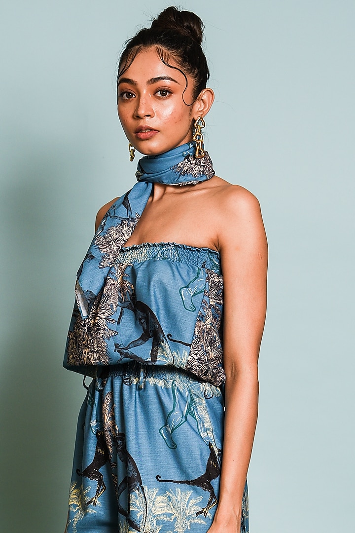 Blue Digital Printed Jumpsuit by DRAMEBAAZ at Pernia's Pop Up Shop