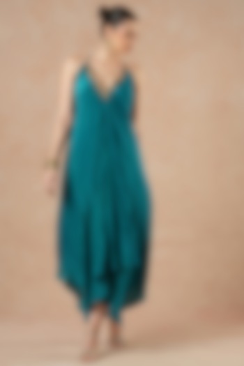 Teal Blue Pure Silk Crepe Hand Embroidered Asymmetrical Handkerchief Vacation Dress by Dori & Co. at Pernia's Pop Up Shop