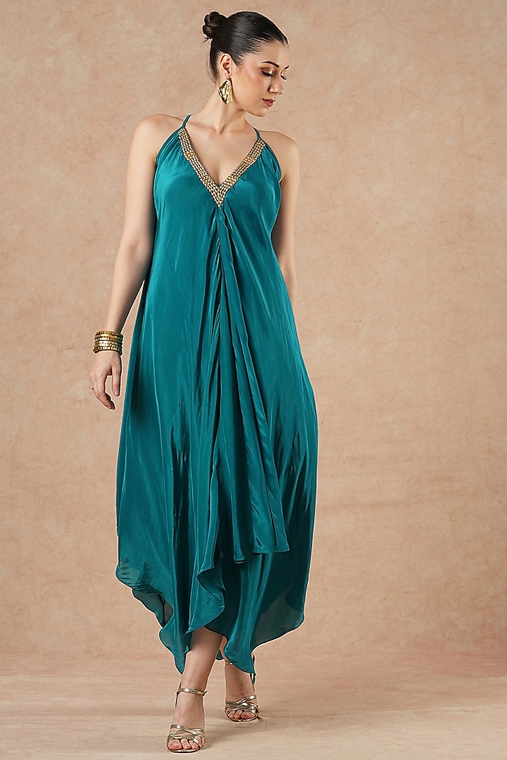 Teal Blue Pure Silk Crepe Hand Embroidered Asymmetrical Handkerchief Vacation Dress by Dori & Co. at Pernia's Pop Up Shop