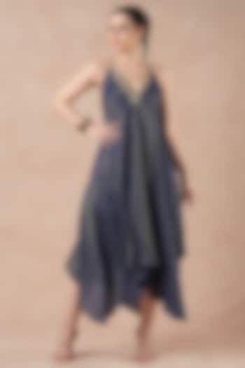 Midnight Blue Gold Stripe Tissue Silk Hand Embroidered Handkerchief Vacation Dress by Dori & Co. at Pernia's Pop Up Shop