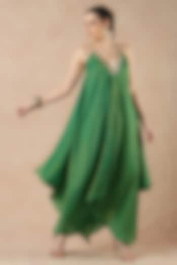 Emerald Green Gold Stripe Tissue Silk Hand Embroidered Handkerchief Vacation Dress by Dori & Co. at Pernia's Pop Up Shop