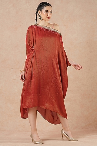 Ruby Red Gold Stripe Tissue Silk Metal Hand Embroidered Kaftan by Dori & Co.