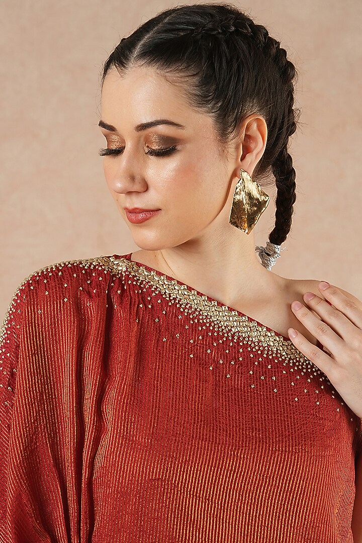 Ruby Red Gold Stripe Tissue Silk Metal Hand Embroidered Kaftan by Dori & Co. at Pernia's Pop Up Shop