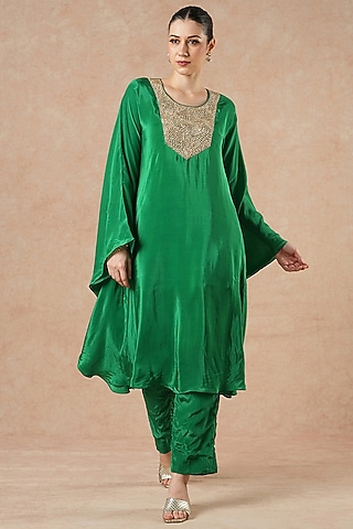 Green Embroidered Kaftan Kurta Set