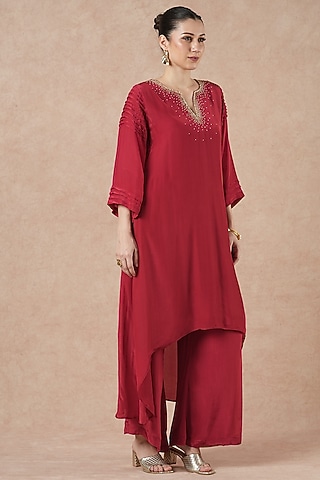Ruby Red Pure Silk Crepe Metal Hand Embroidered Asymmetrical Kurta Set by Dori & Co.