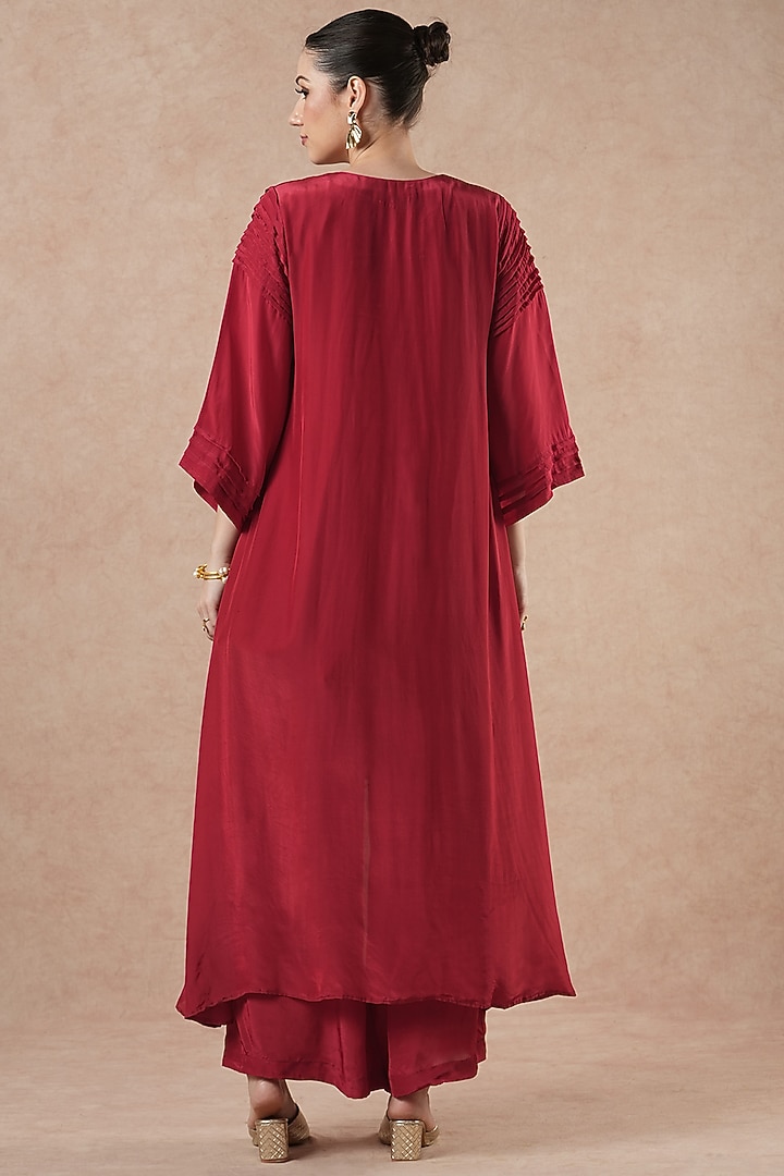 Ruby Red Pure Silk Crepe Metal Hand Embroidered Asymmetrical Kurta Set by Dori & Co. at Pernia's Pop Up Shop