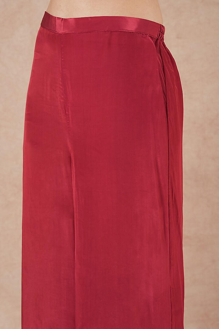 Ruby Red Pure Silk Crepe Metal Hand Embroidered Asymmetrical Kurta Set by Dori & Co. at Pernia's Pop Up Shop