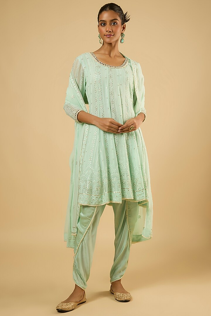 Mint Green Georgette Sequins Embroidered Kurta Set by Dori & Co. at Pernia's Pop Up Shop