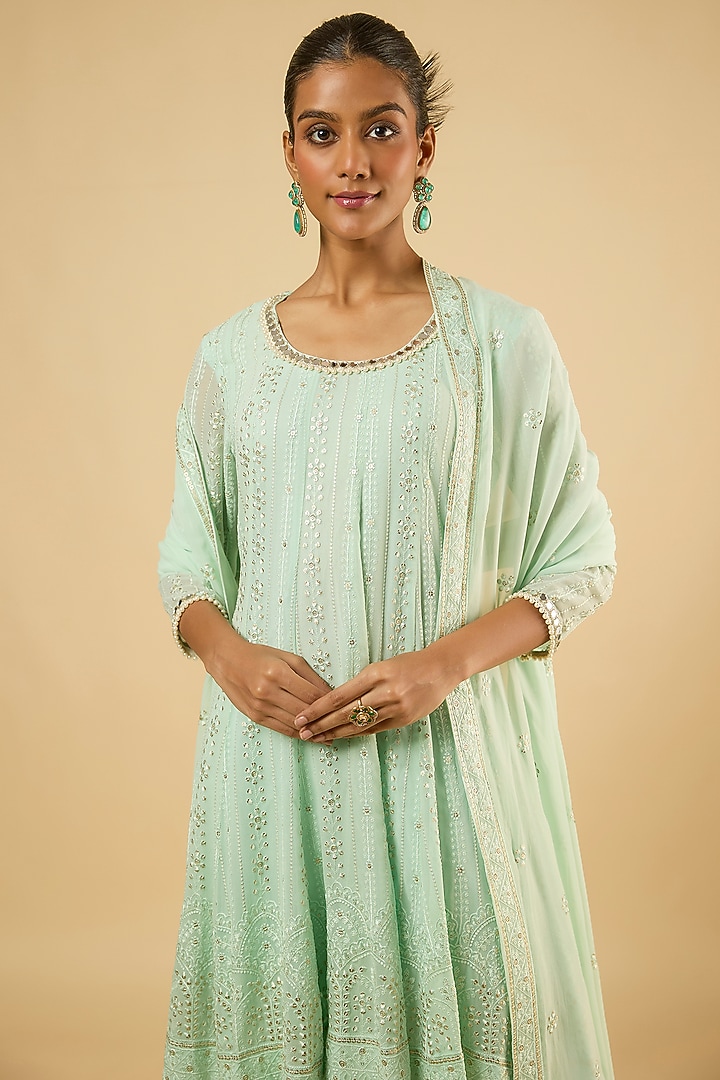Mint Green Georgette Sequins Embroidered Kurta Set by Dori & Co. at Pernia's Pop Up Shop