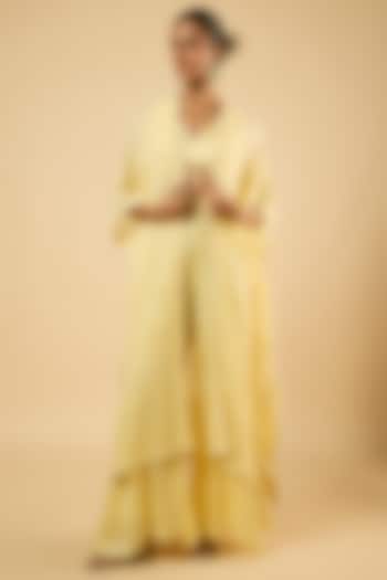 Butter Yellow Satin Sequins Embroidered Cape Set by Dori & Co. at Pernia's Pop Up Shop
