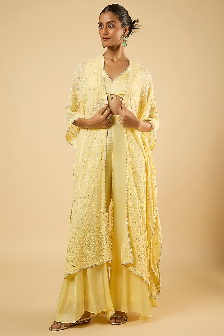 Butter Yellow Satin Sequins Embroidered Cape Set by Dori & Co. at Pernia's Pop Up Shop