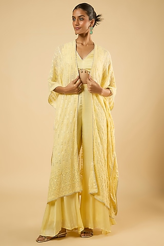 Butter Yellow Satin Sequins Embroidered Cape Set by Dori & Co.