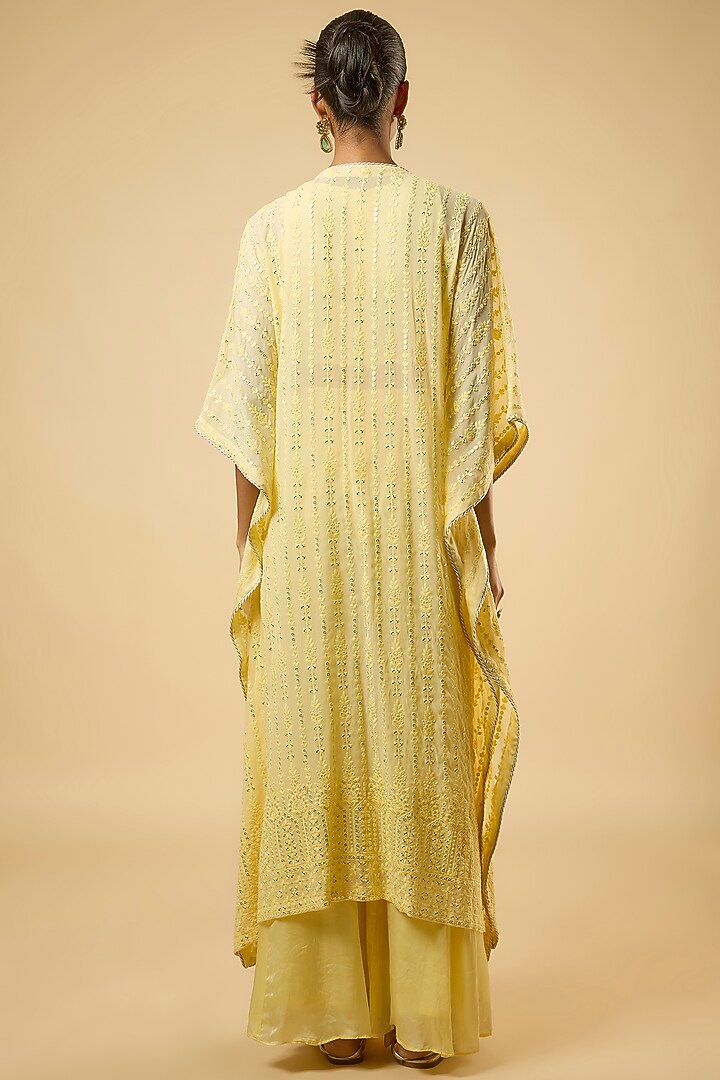 Butter Yellow Satin Sequins Embroidered Cape Set by Dori & Co. at Pernia's Pop Up Shop
