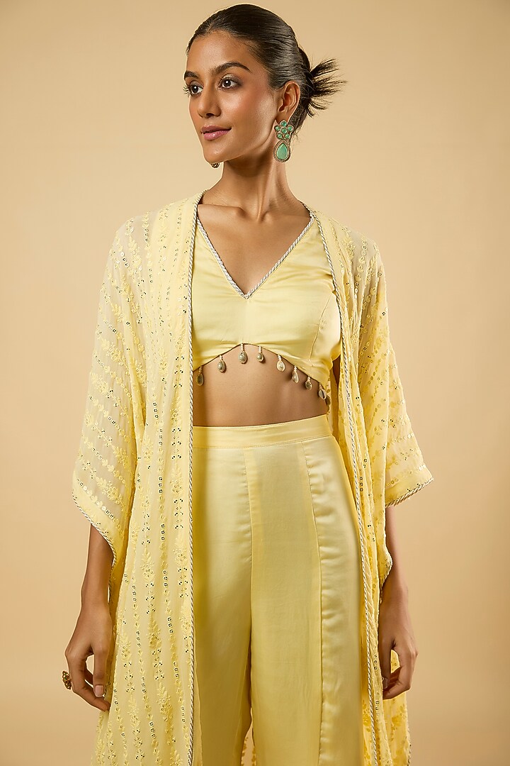 Butter Yellow Satin Sequins Embroidered Cape Set by Dori & Co. at Pernia's Pop Up Shop