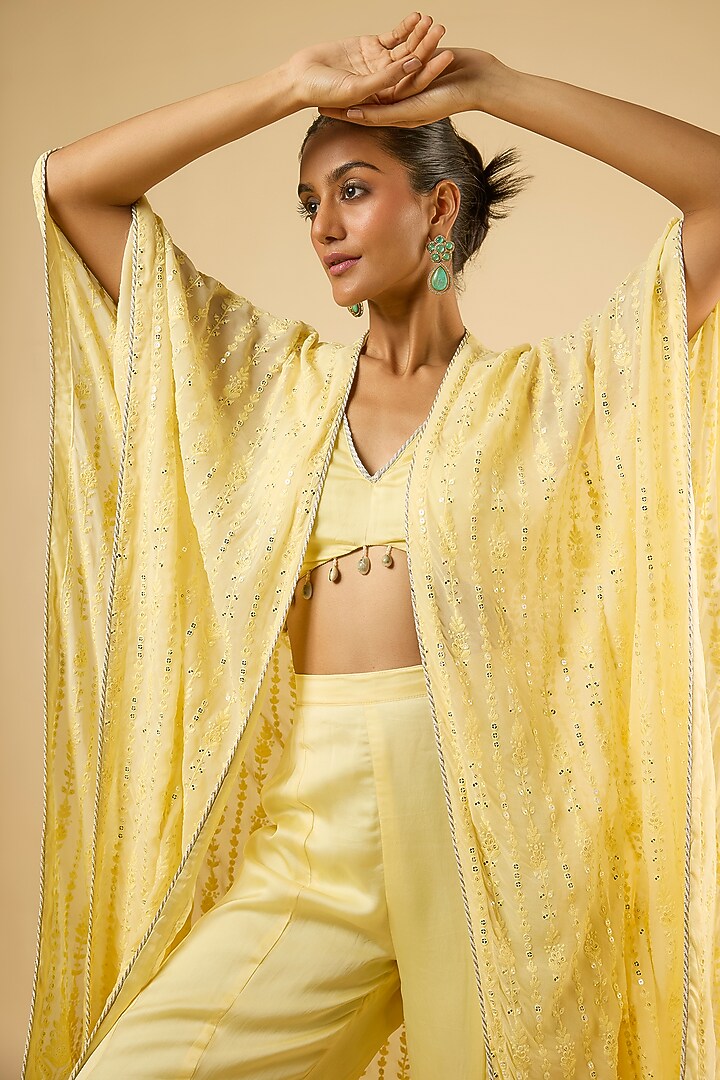 Butter Yellow Satin Sequins Embroidered Cape Set by Dori & Co. at Pernia's Pop Up Shop