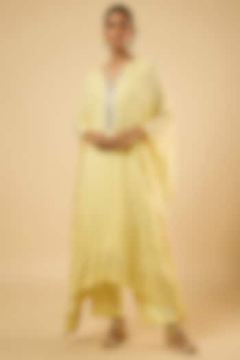 Butter Yellow Georgette Sequins Embroidered Kaftan Set by Dori & Co. at Pernia's Pop Up Shop