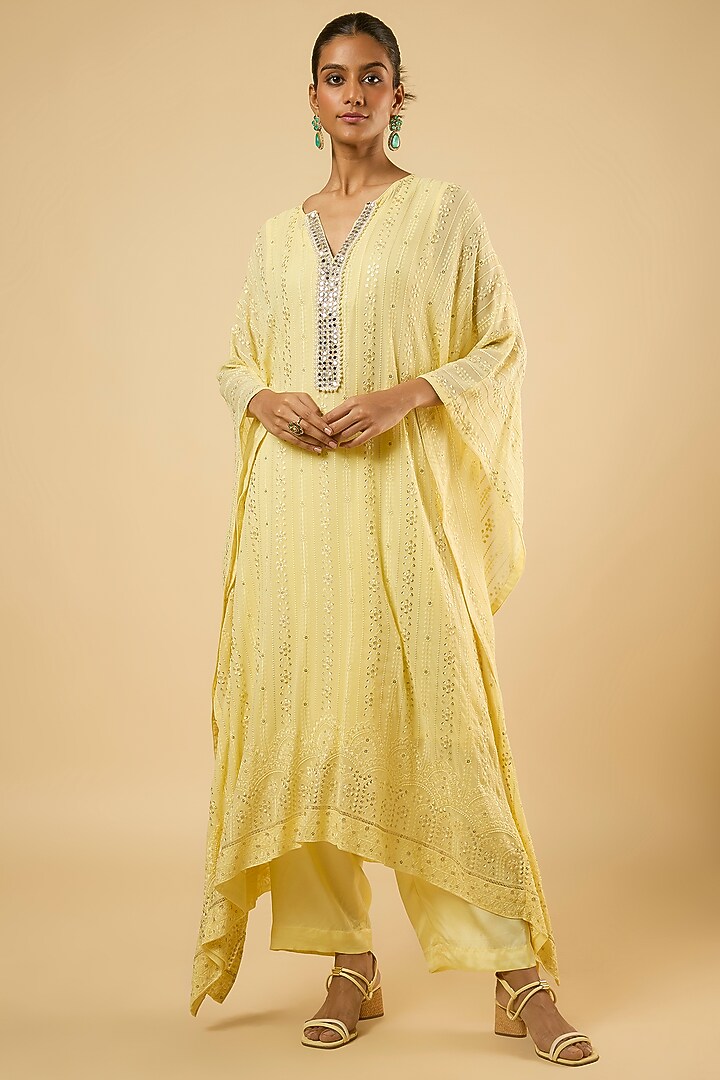 Butter Yellow Georgette Sequins Embroidered Kaftan Set by Dori & Co. at Pernia's Pop Up Shop