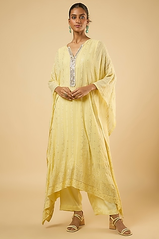 Butter Yellow Georgette Sequins Embroidered Kaftan Set by Dori & Co.