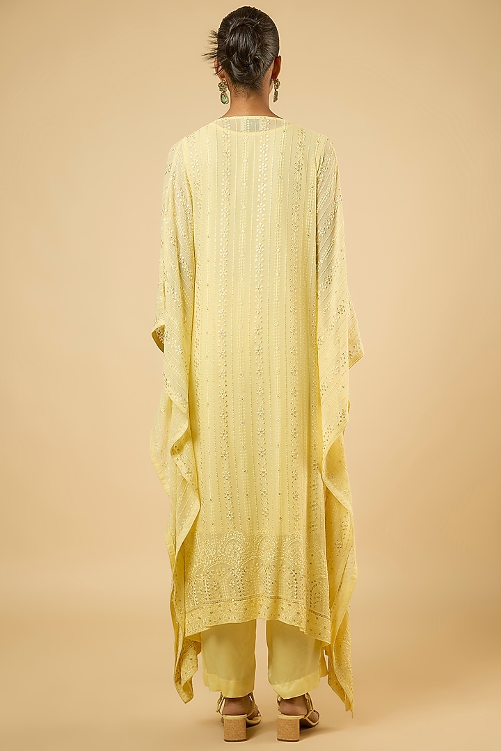 Butter Yellow Georgette Sequins Embroidered Kaftan Set by Dori & Co. at Pernia's Pop Up Shop