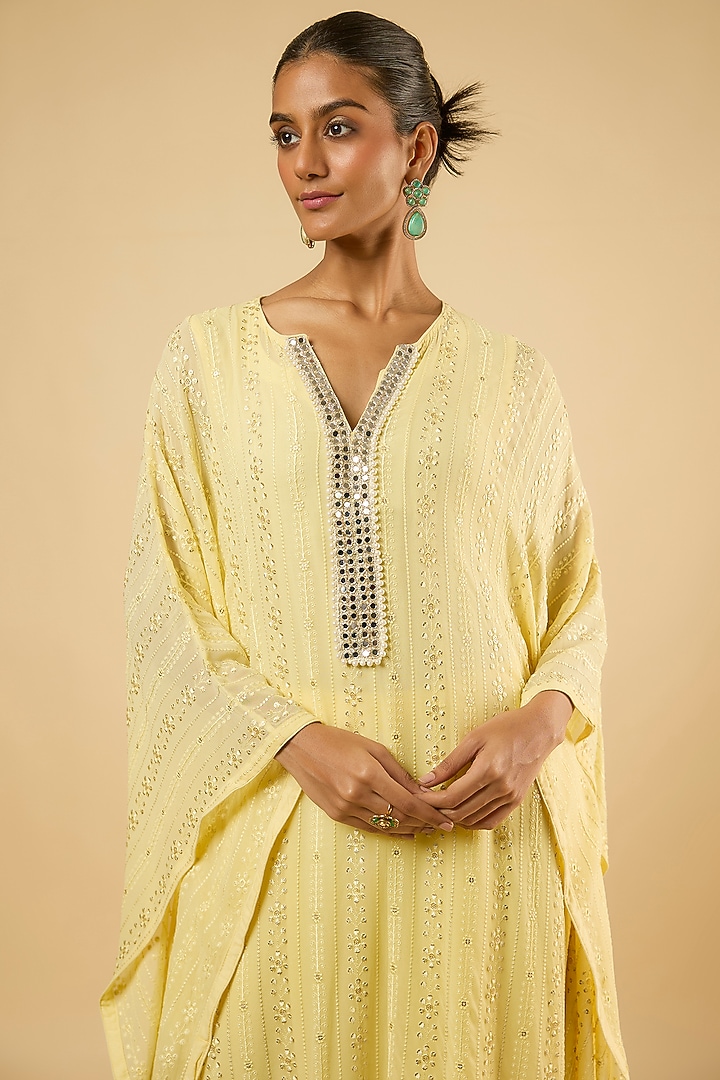 Butter Yellow Georgette Sequins Embroidered Kaftan Set by Dori & Co. at Pernia's Pop Up Shop