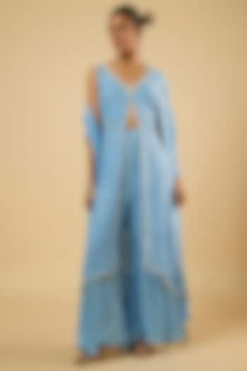 Aqua Blue Georgette Mirror Embroidered Kurta Set by Dori & Co. at Pernia's Pop Up Shop