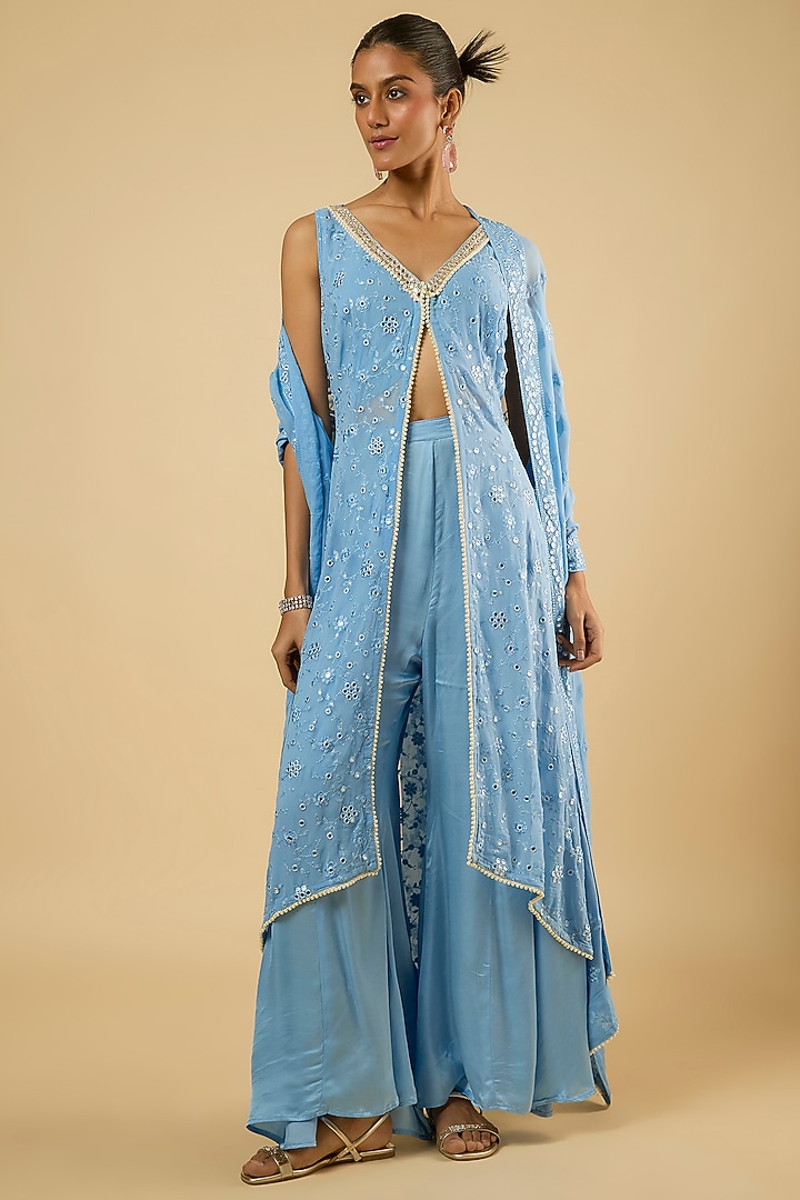 Aqua Blue Georgette Mirror Embroidered Kurta Set by Dori & Co. at Pernia's Pop Up Shop