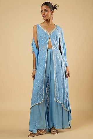 Aqua Blue Georgette Mirror Embroidered Kurta Set by Dori & Co.