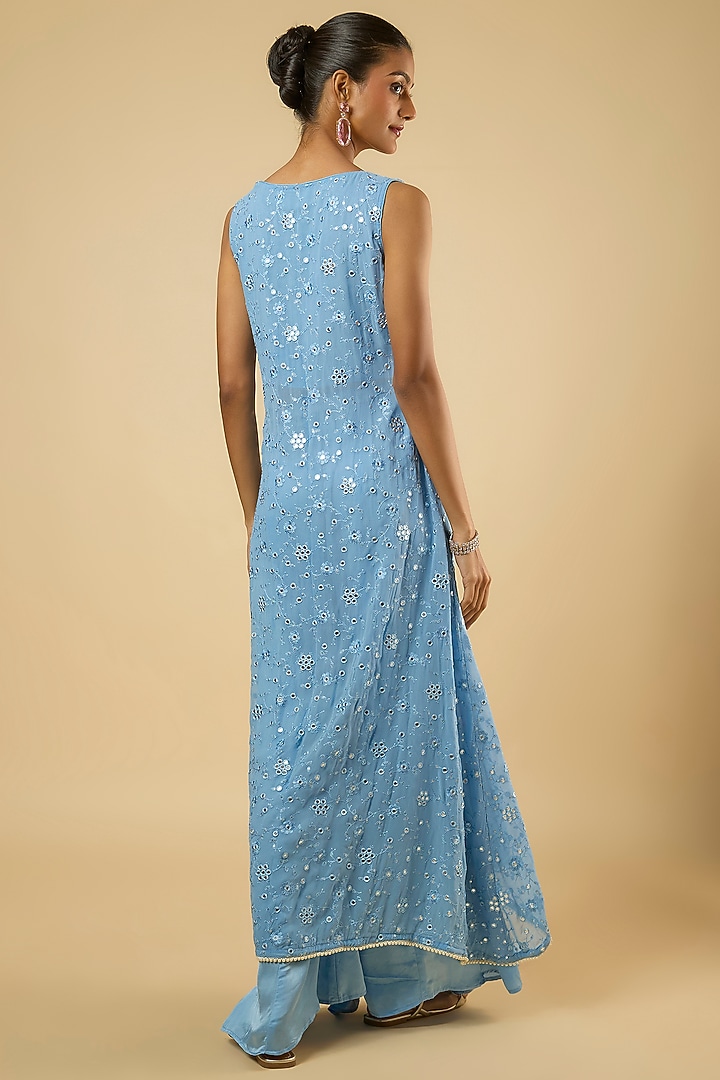 Aqua Blue Georgette Mirror Embroidered Kurta Set by Dori & Co. at Pernia's Pop Up Shop