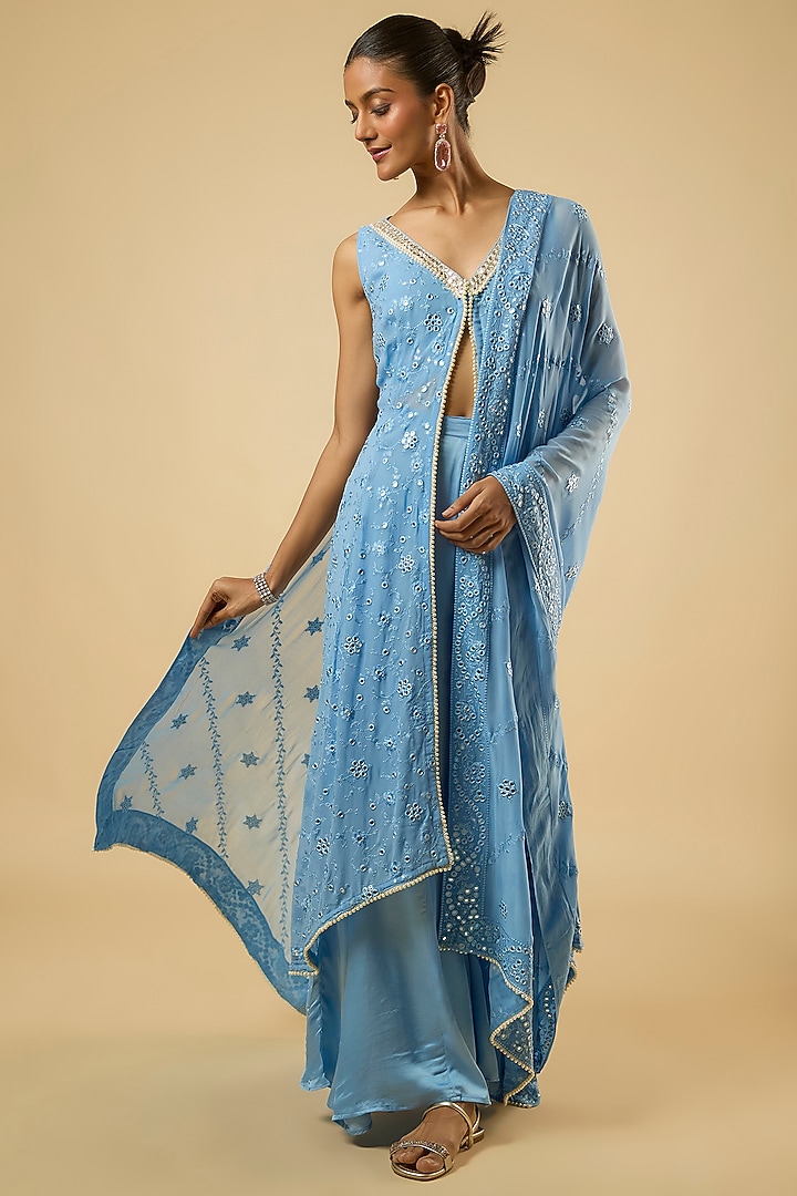 Aqua Blue Georgette Mirror Embroidered Kurta Set by Dori & Co. at Pernia's Pop Up Shop