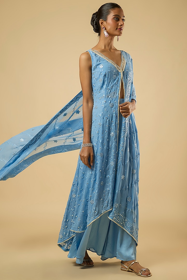 Aqua Blue Georgette Mirror Embroidered Kurta Set by Dori & Co. at Pernia's Pop Up Shop