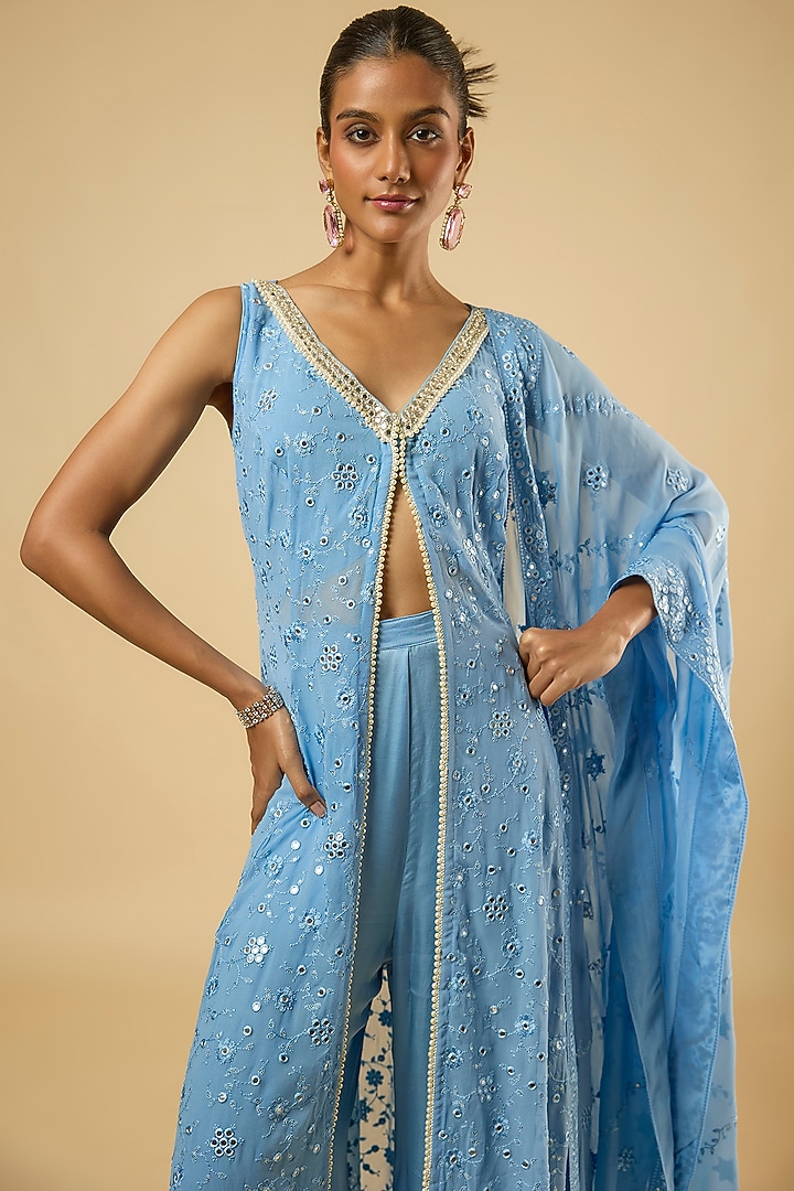 Aqua Blue Georgette Mirror Embroidered Kurta Set by Dori & Co. at Pernia's Pop Up Shop