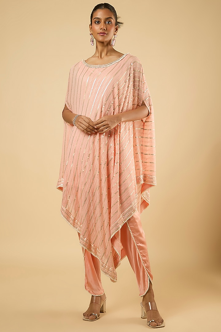 Soft Peach Georgette Sequins Embroidered Kaftan Set by Dori & Co. at Pernia's Pop Up Shop