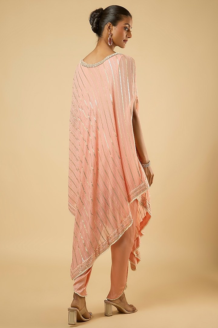Soft Peach Georgette Sequins Embroidered Kaftan Set by Dori & Co. at Pernia's Pop Up Shop