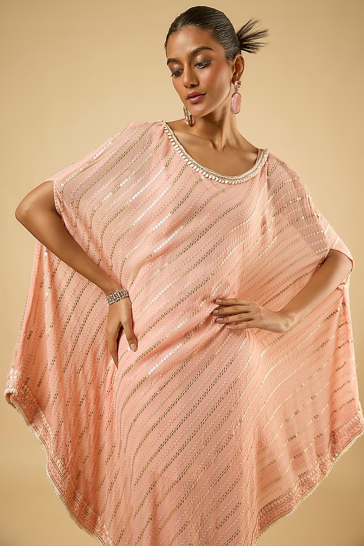 Soft Peach Georgette Sequins Embroidered Kaftan Set by Dori & Co. at Pernia's Pop Up Shop