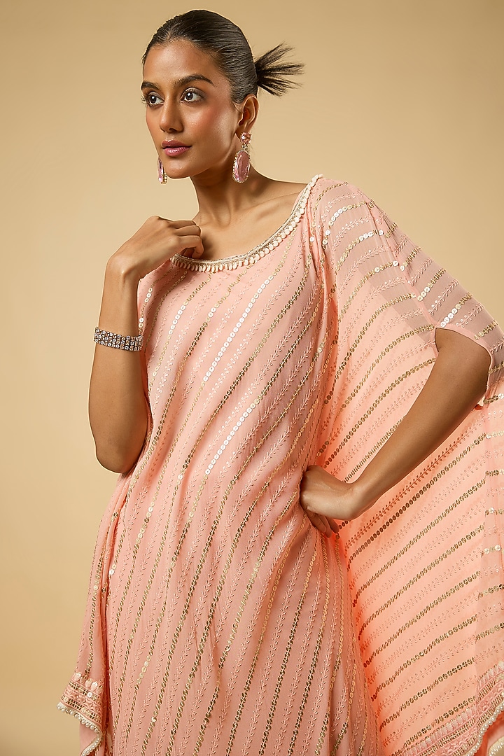 Soft Peach Georgette Sequins Embroidered Kaftan Set by Dori & Co. at Pernia's Pop Up Shop