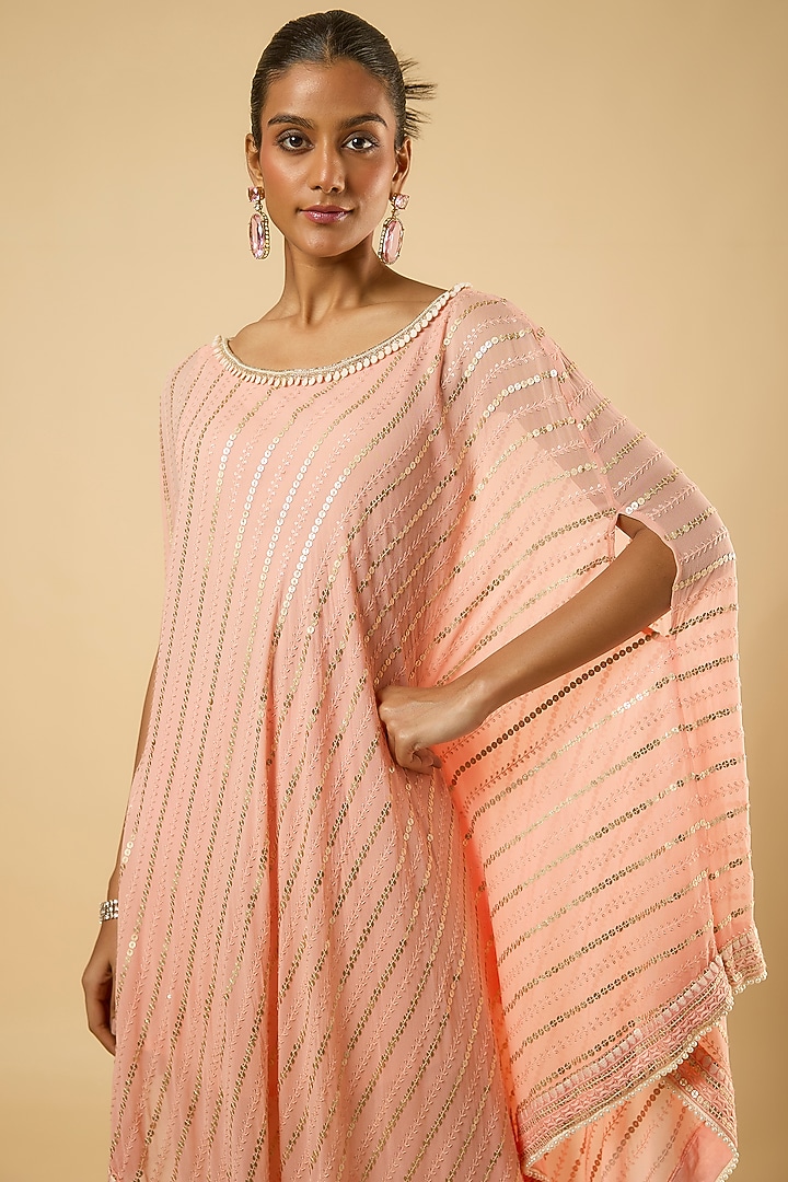 Soft Peach Georgette Sequins Embroidered Kaftan Set by Dori & Co. at Pernia's Pop Up Shop