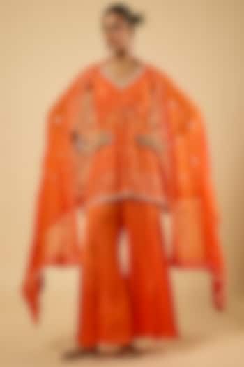 Bright Orange Georgette Sequins Embroidered Kurta Set by Dori & Co. at Pernia's Pop Up Shop