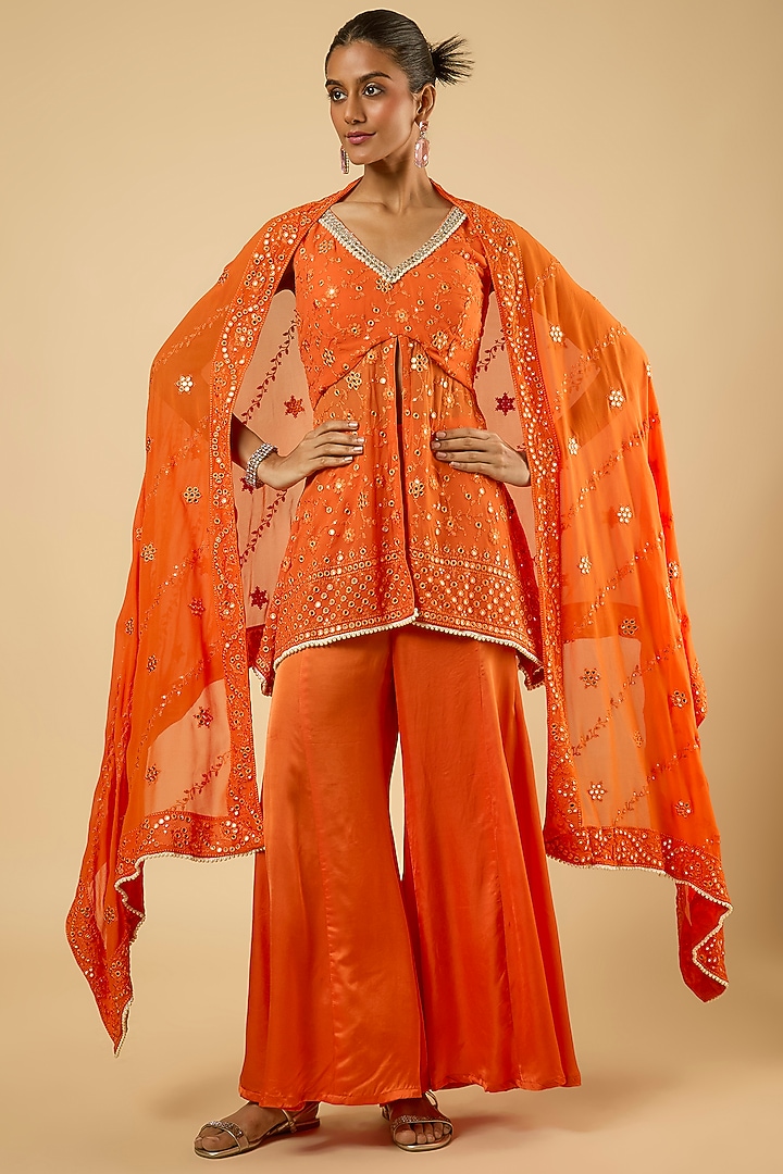 Bright Orange Georgette Sequins Embroidered Kurta Set by Dori & Co. at Pernia's Pop Up Shop