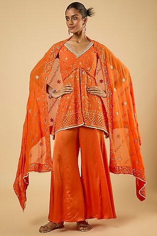 Bright Orange Georgette Sequins Embroidered Kurta Set by Dori & Co.