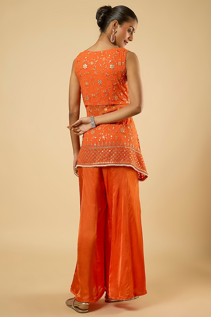 Bright Orange Georgette Sequins Embroidered Kurta Set by Dori & Co. at Pernia's Pop Up Shop