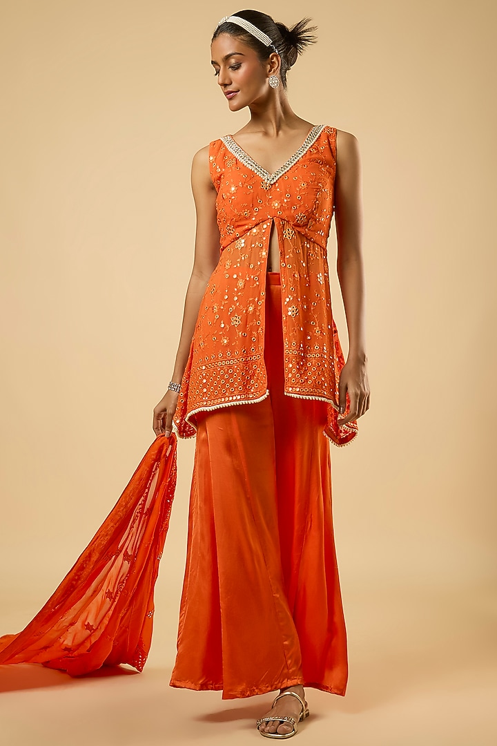 Bright Orange Georgette Sequins Embroidered Kurta Set by Dori & Co. at Pernia's Pop Up Shop