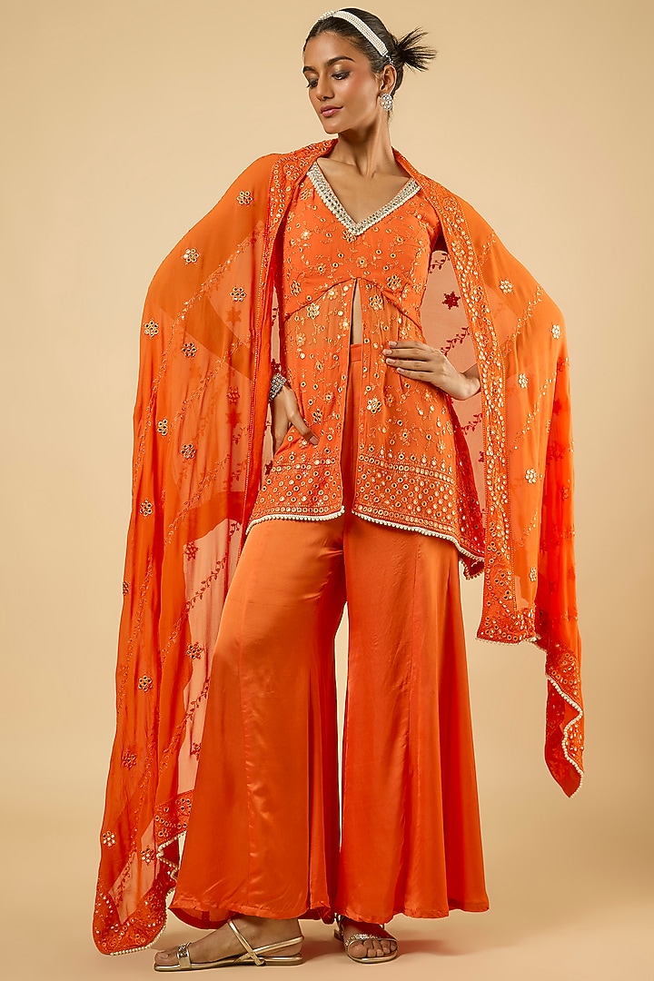 Bright Orange Georgette Sequins Embroidered Kurta Set by Dori & Co. at Pernia's Pop Up Shop