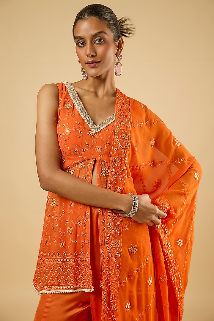 Bright Orange Georgette Sequins Embroidered Kurta Set by Dori & Co. at Pernia's Pop Up Shop