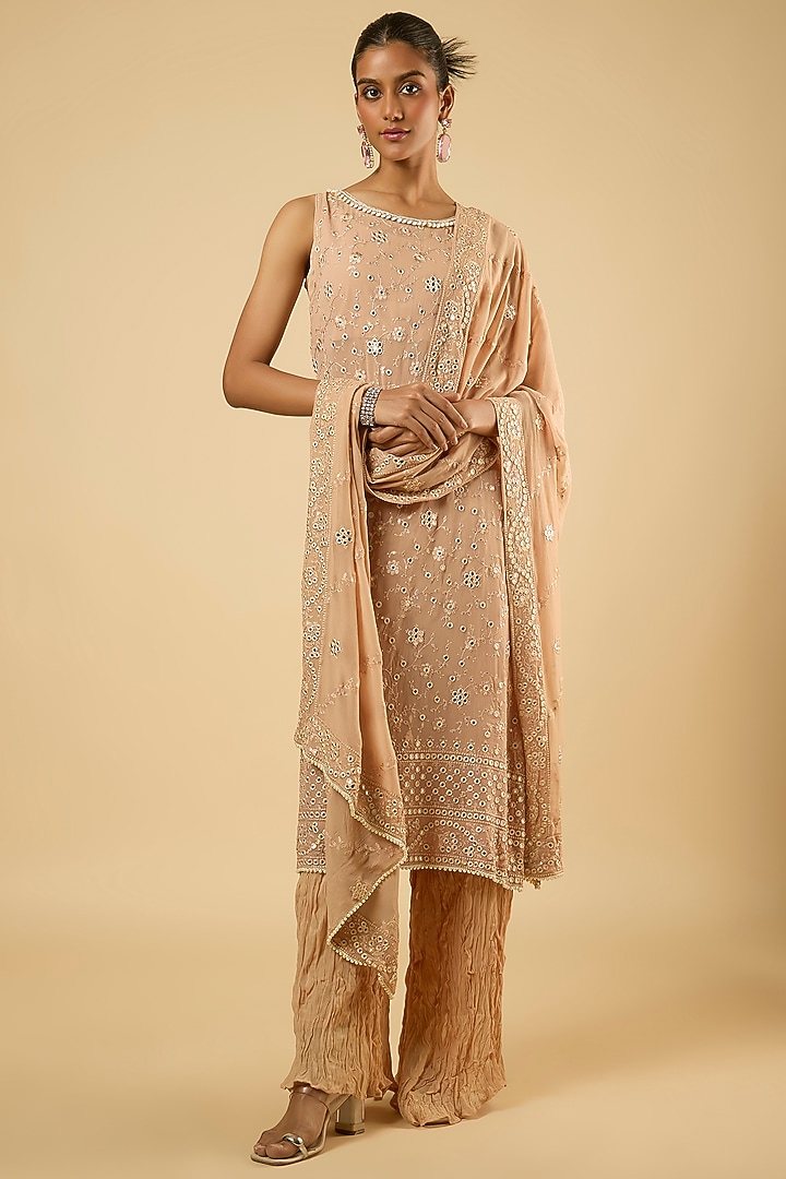 Champagne Georgette Mirror Embroidered Kurta Set by Dori & Co. at Pernia's Pop Up Shop