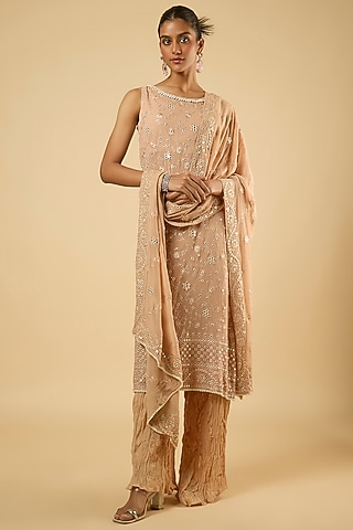 Champagne Georgette Mirror Embroidered Kurta Set by Dori & Co.