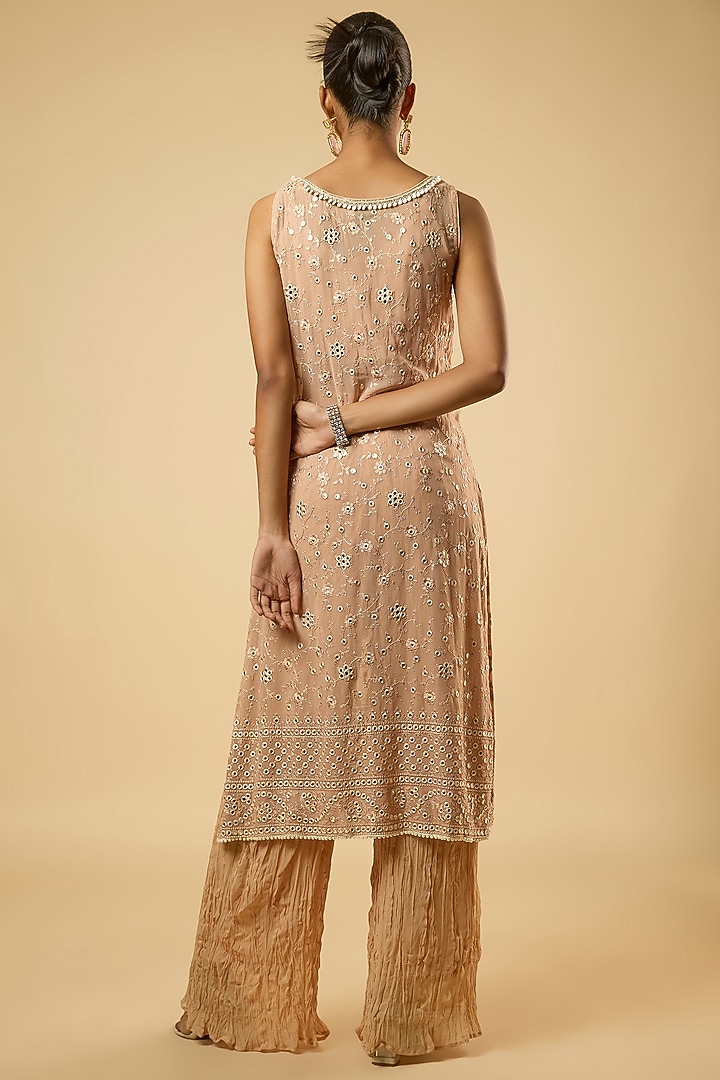 Champagne Georgette Mirror Embroidered Kurta Set by Dori & Co. at Pernia's Pop Up Shop